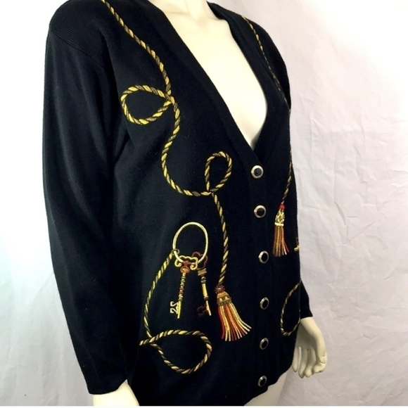 Vtg 90s Cardigan Black Sweater W/ Rope & Keys maximalist Embroidered Design Sz M - Picture 4 of 11